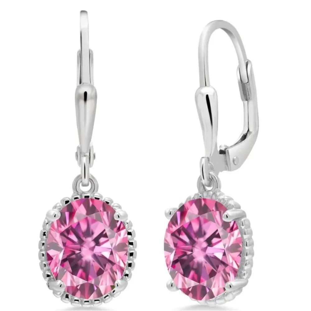 925 Sterling Silver with 4.00 Cttw Pink Moissanite Oval Leverback Hook Earrings